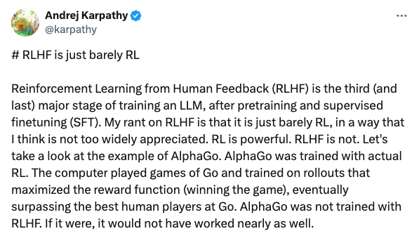 Andrej Karpathy tweet about RLHF