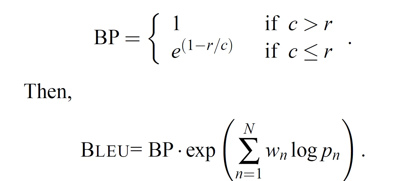 Formula for the BLEU metric from Papineni et al. 2002.